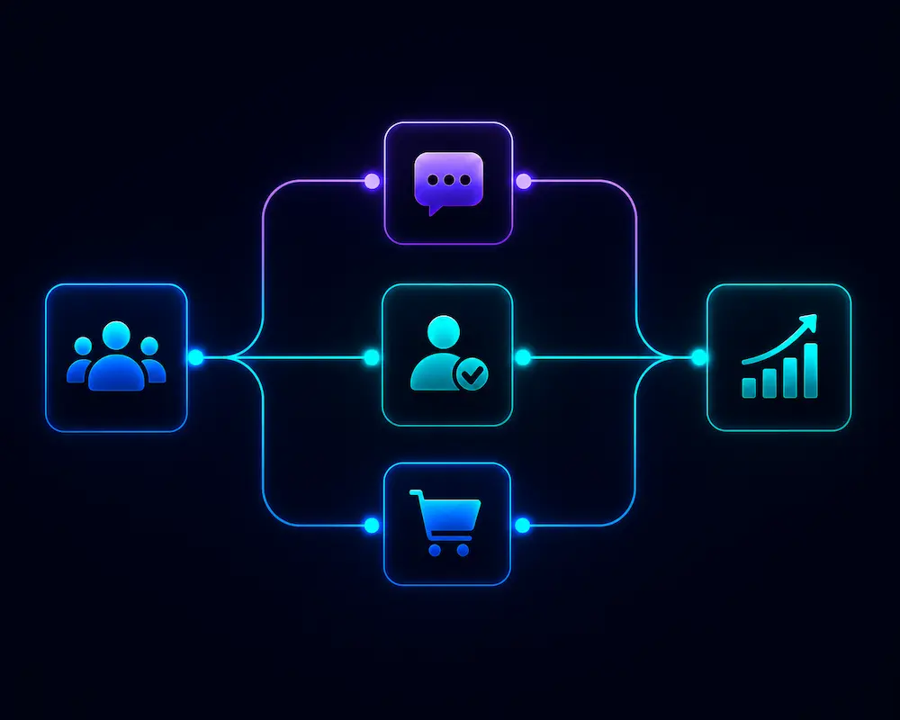 Customer lifecycle automation journey with connected touchpoints and decision paths
