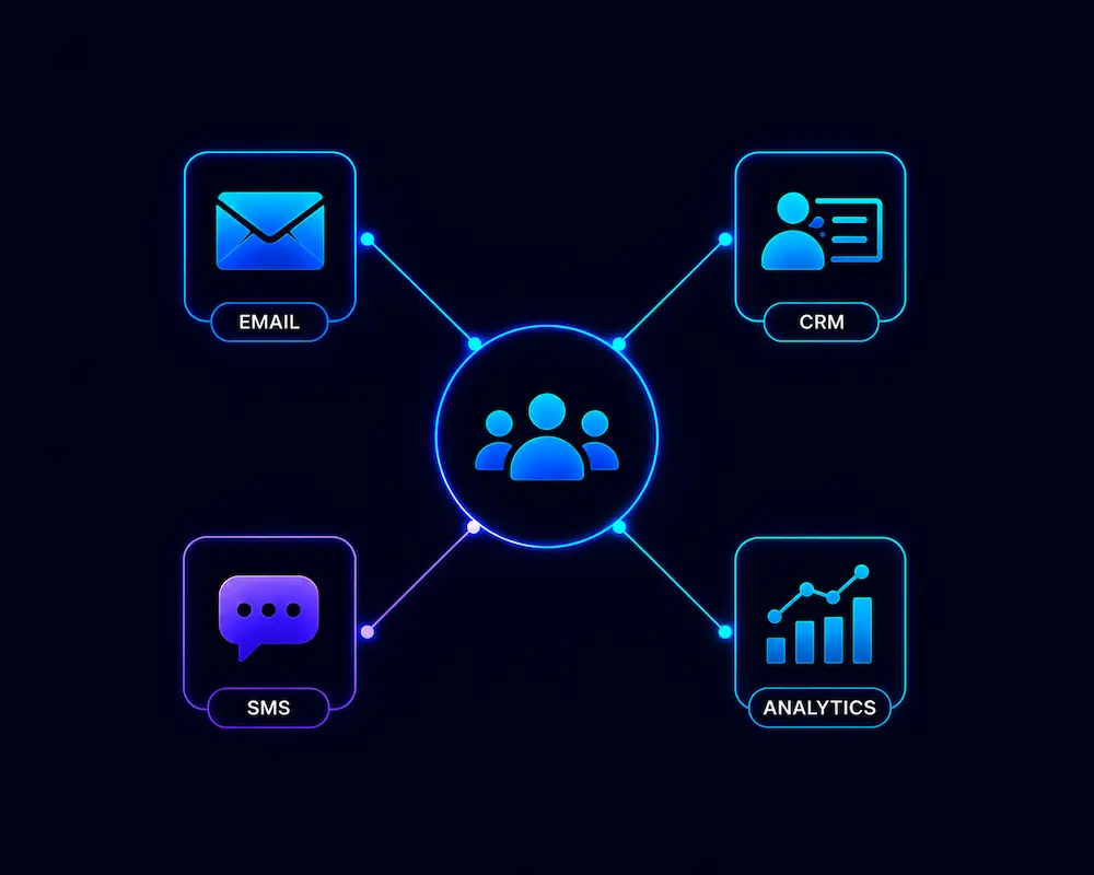 Connected enterprise engagement system showing email, CRM, SMS, and analytics working together